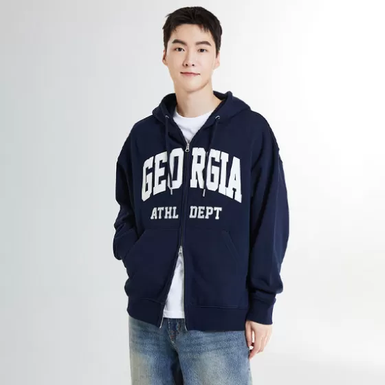 SPAO Hoodies L Pullovers- Men Long Sleeve Zip Up Hoodie SPMZE4TC41 Navy