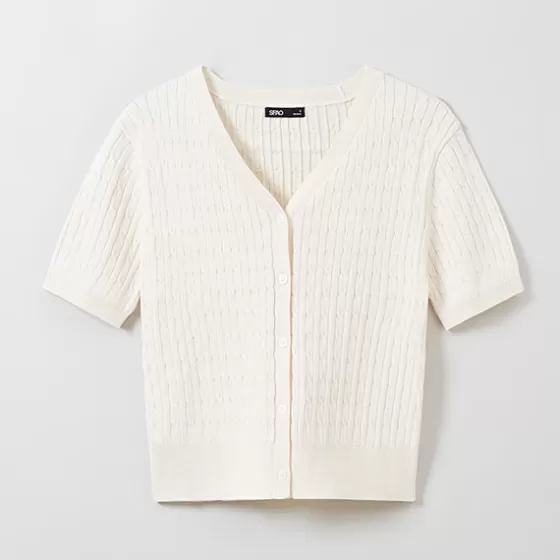 SPAO Cardigans L Sweaters- Women Short Sleeve Cable Cardigan SPCKE25G06 Cream