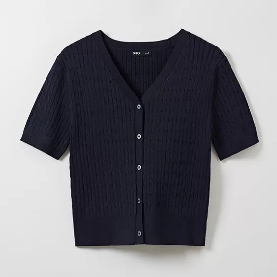 SPAO Cardigans L Sweaters- Women Short Sleeve Cable Cardigan SPCKE25G06 Navy