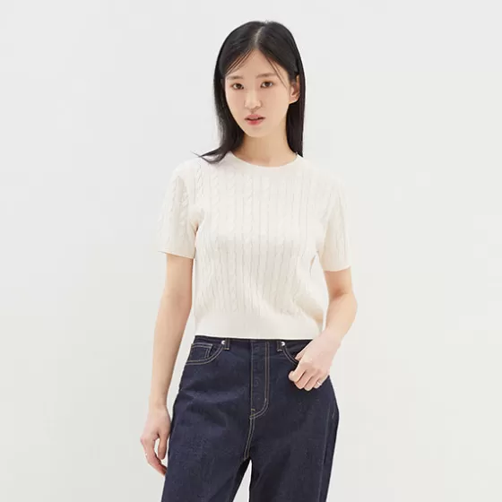 SPAO T-Shirt- Women Short Sleeve Cable Sweater SPKWD25U03