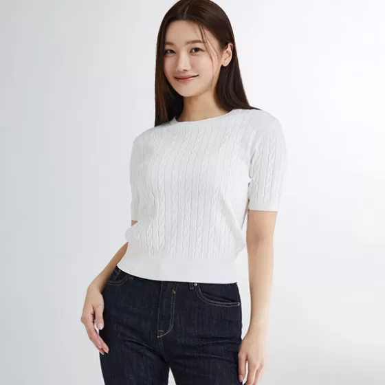 SPAO Hoodies L Pullovers- Women Short Sleeve Pullover SPKWE25G06 Ivory