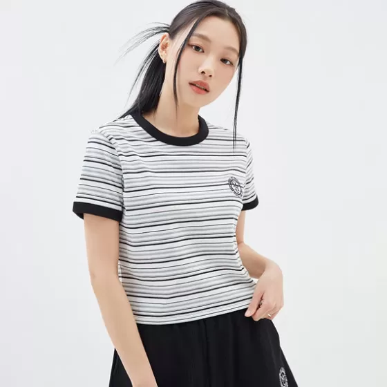 SPAO T-Shirt- Women Short Sleeve Stripe Crop Tee SPRSD25G02